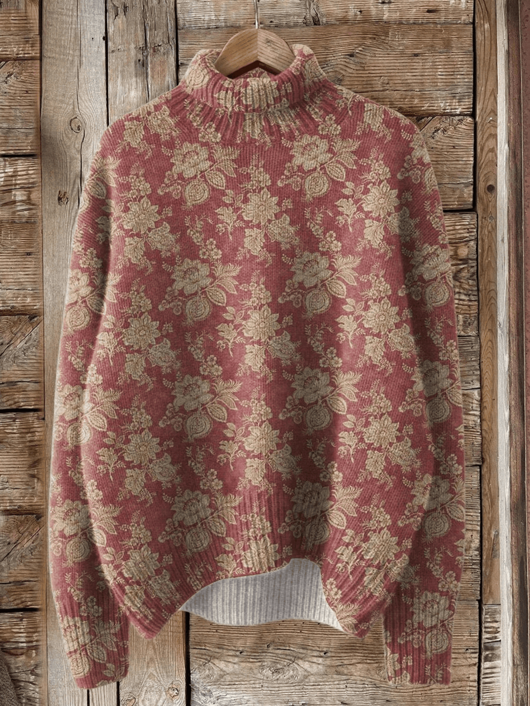 Retro Rose Print Knit Turtleneck Sweater