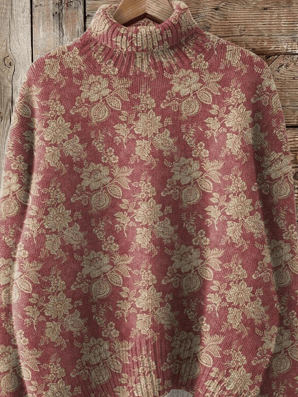 Retro Rose Print Knit Turtleneck Sweater