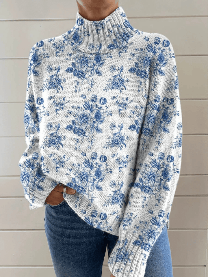 Blue Blossom Knit Turtleneck Sweater
