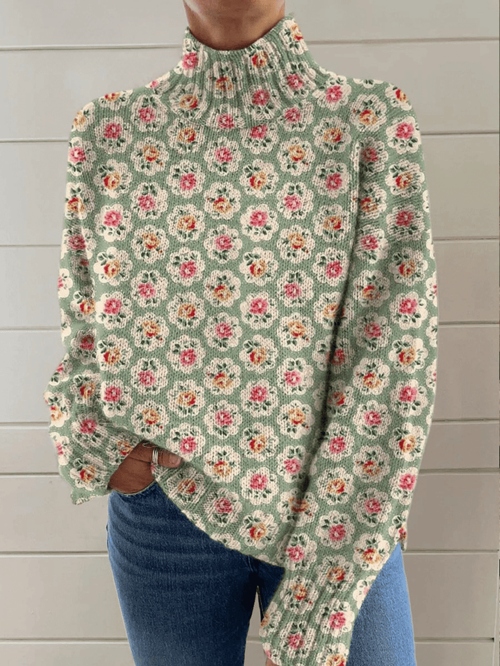 Women's Lovely Floral Art Print Knit Turtleneck Pullover Sweater