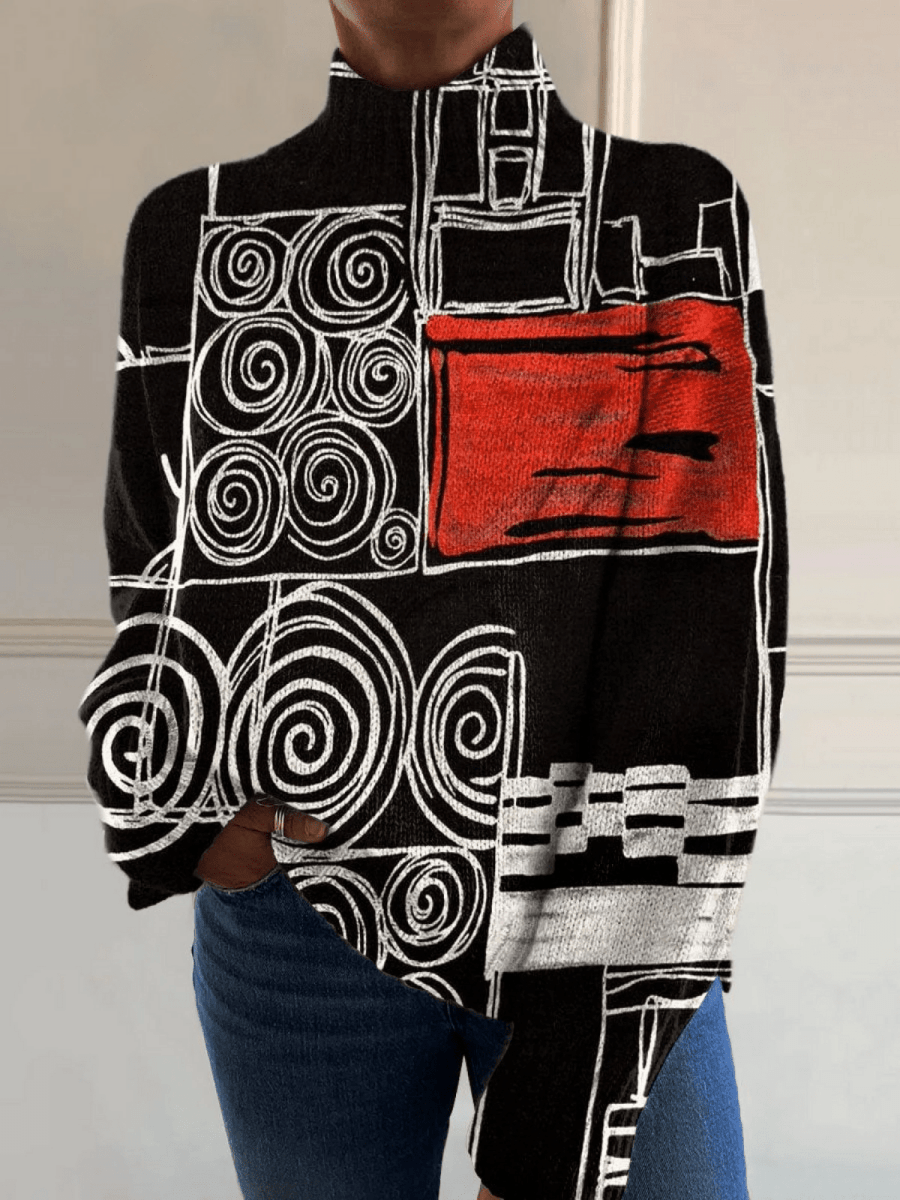 Abstract Circle Color Block Art Print Knit Turtleneck Pullover Sweater - Barbara benjamin new york
