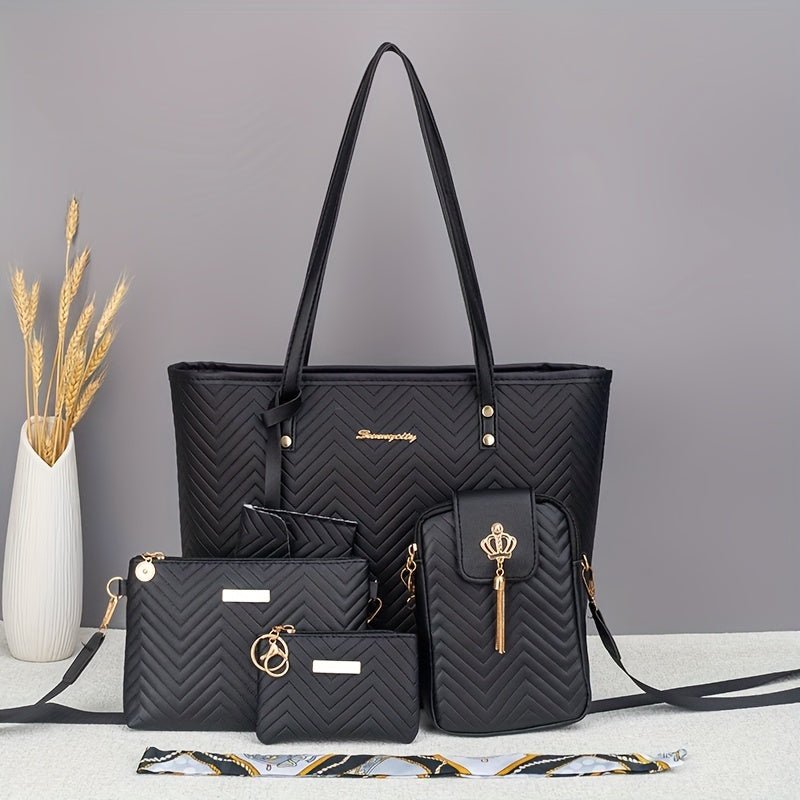 Amanda | Wave - Embroidered 5 - Piece Bag Set with Scarf - Barbara & Late Benjamin