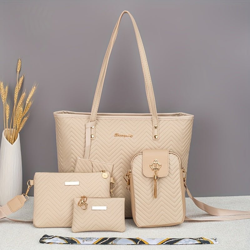 Amanda | Wave - Embroidered 5 - Piece Bag Set with Scarf - Barbara & Late Benjamin