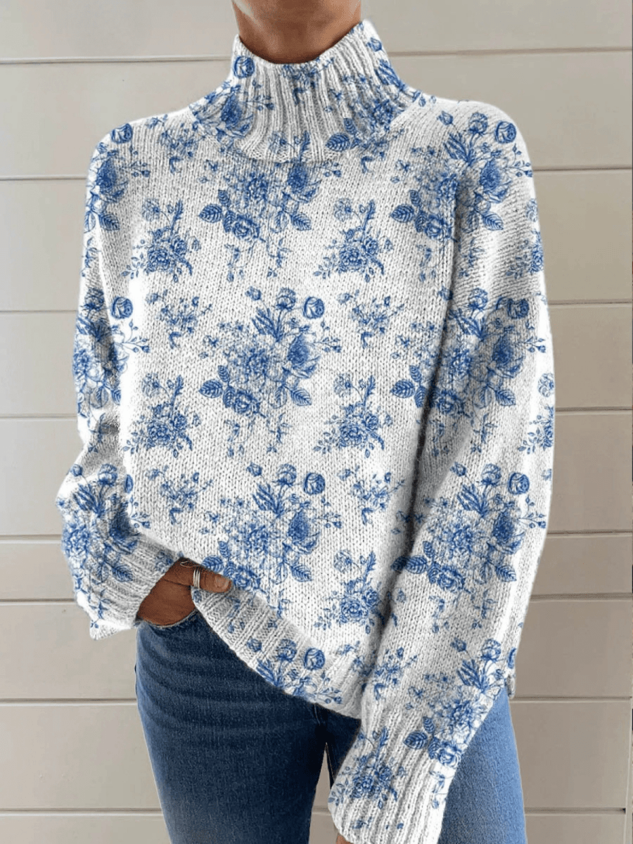 Blue Blossom Knit Turtleneck Sweater - Barbara benjamin new york