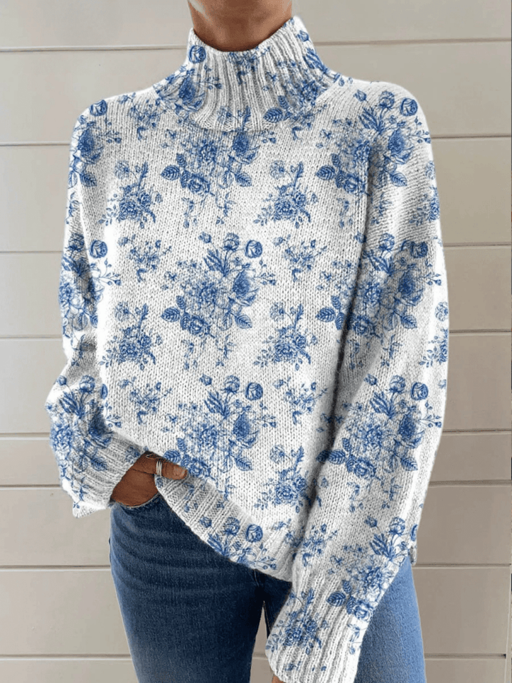 Blue Blossom Knit Turtleneck Sweater - Barbara benjamin new york