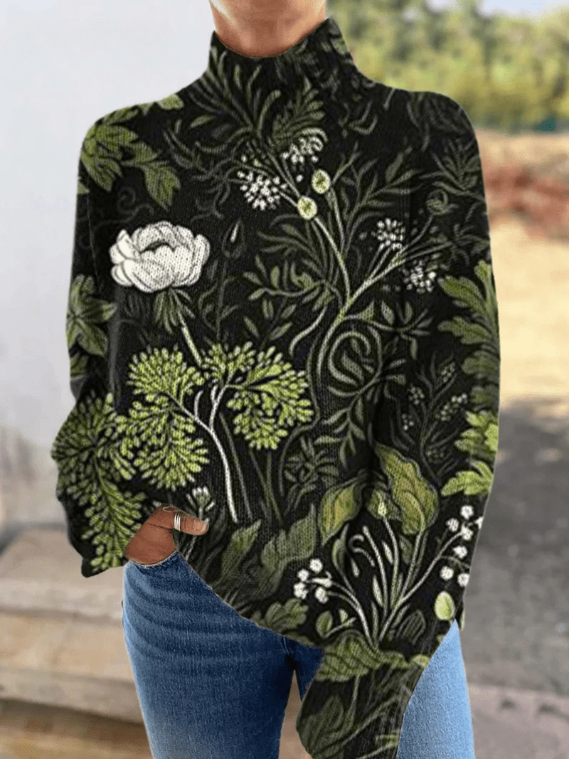 Botanical Floral Knit Turtleneck Sweater - Barbara benjamin new york