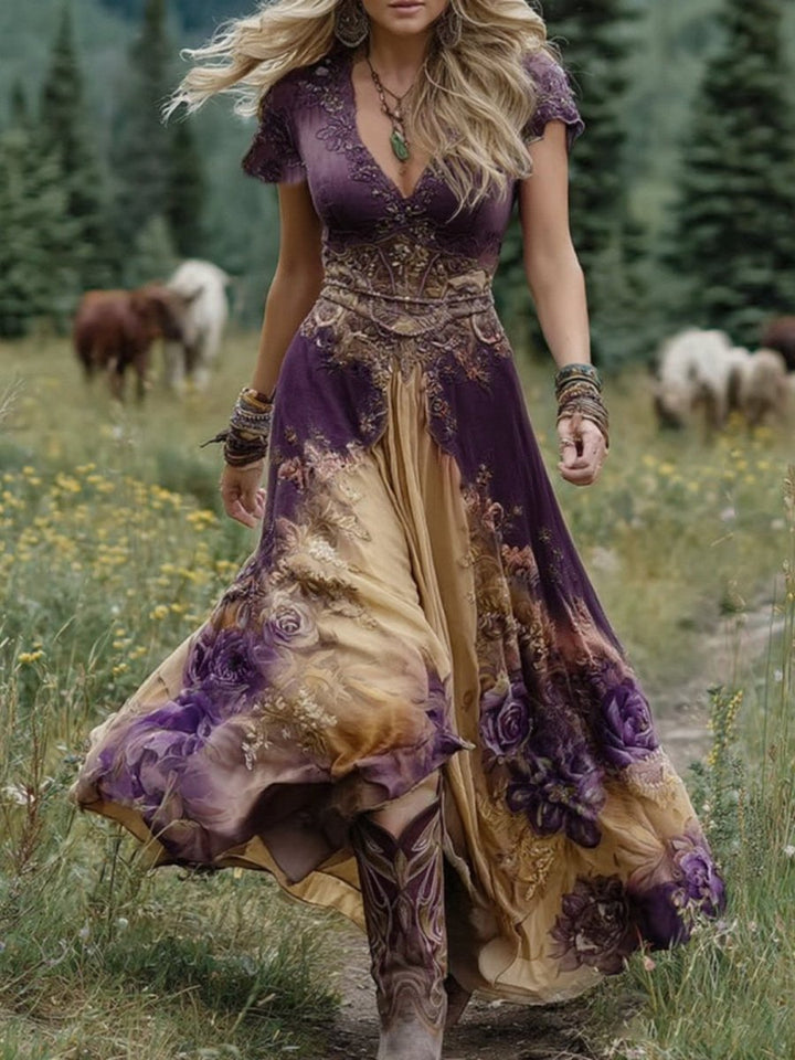 Classy Gradient Purple Lavender And Floral Printed Short Maxi Dress - Barbara & Late Benjamin