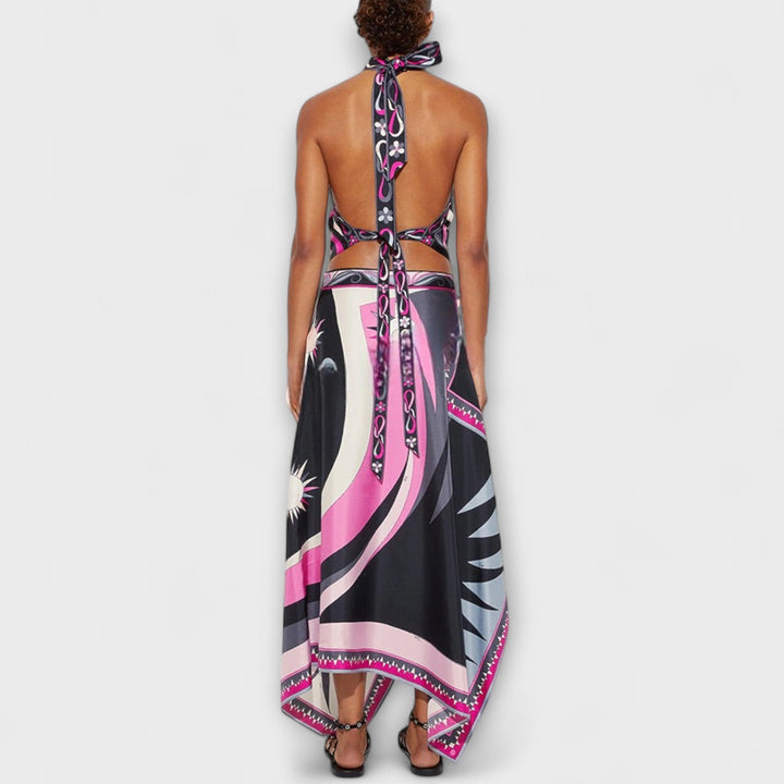 Everly - Halter Top and Asymmetrical Midi Skirt Set