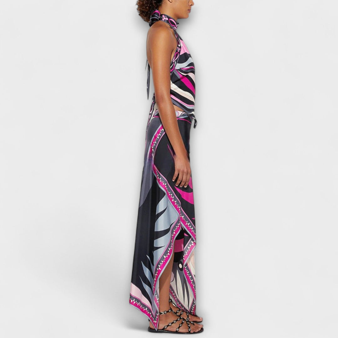 Everly - Halter Top and Asymmetrical Midi Skirt Set