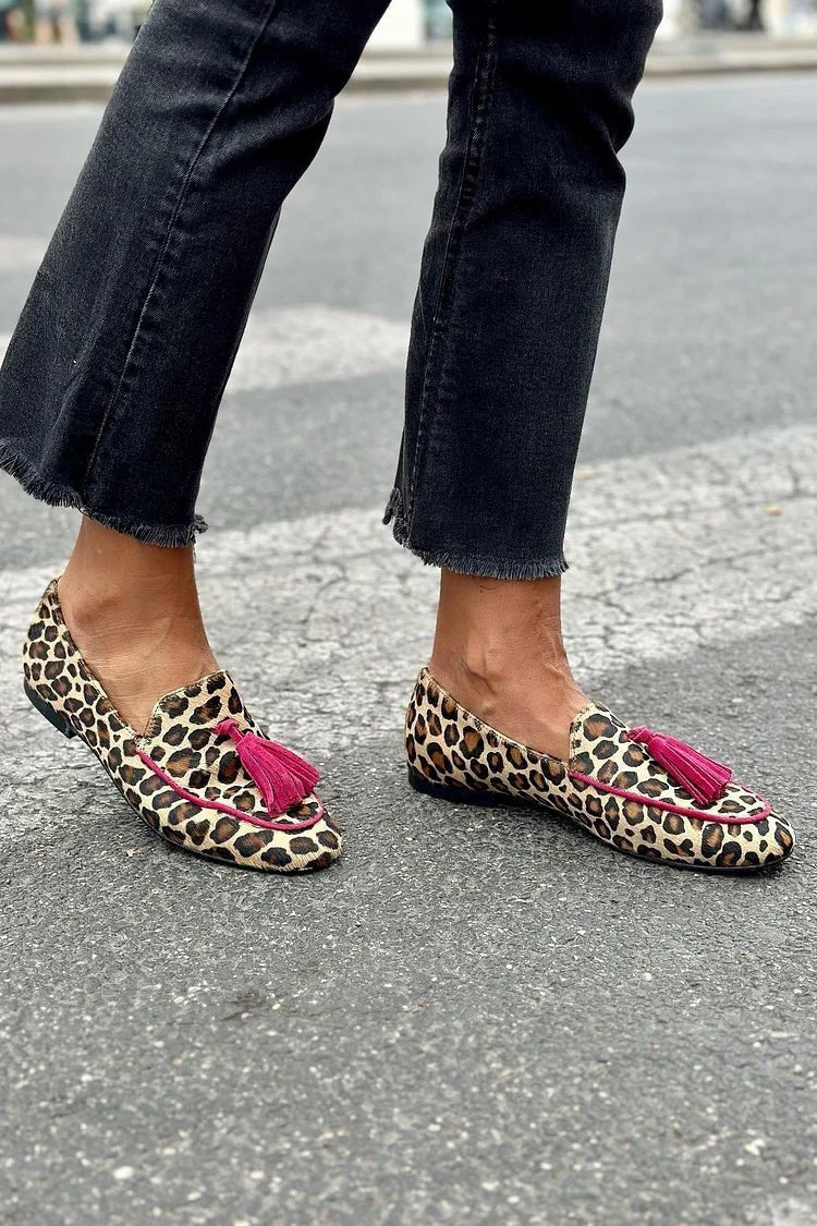 Edith | Animal Print Loafer With Fuchsia Fringes - Barbara benjamin new york