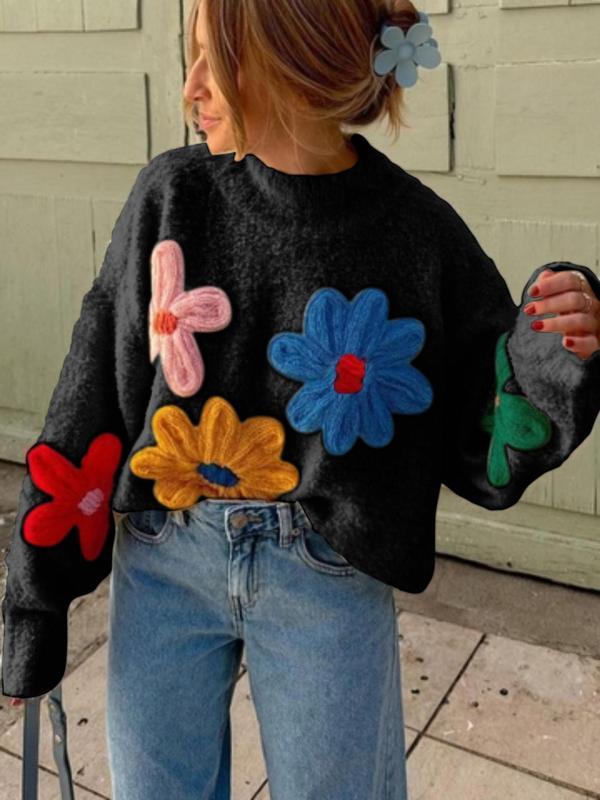 Floral Embroidered Drop Shoulder Sweater - Barbara & Late Benjamin