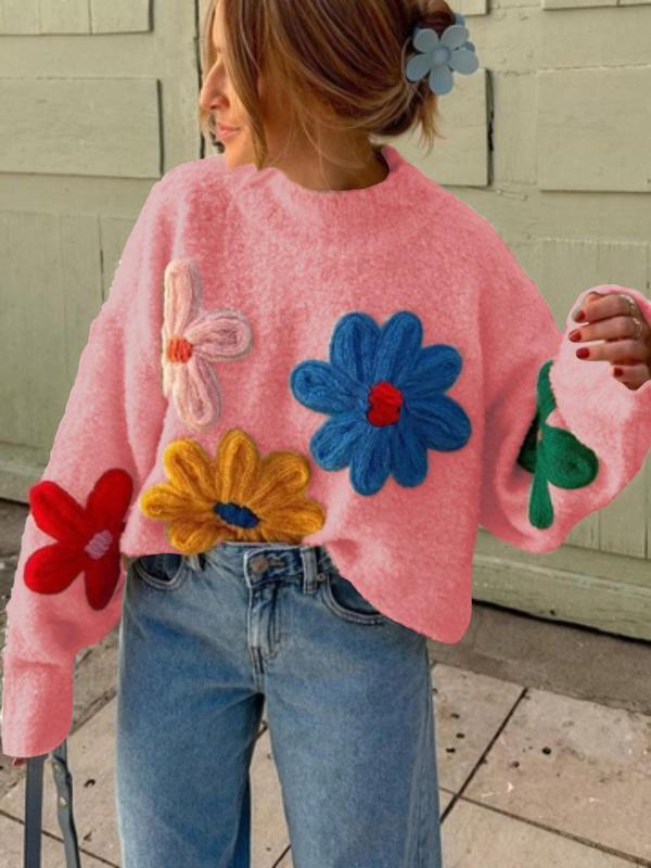 Floral Embroidered Drop Shoulder Sweater - Barbara & Late Benjamin
