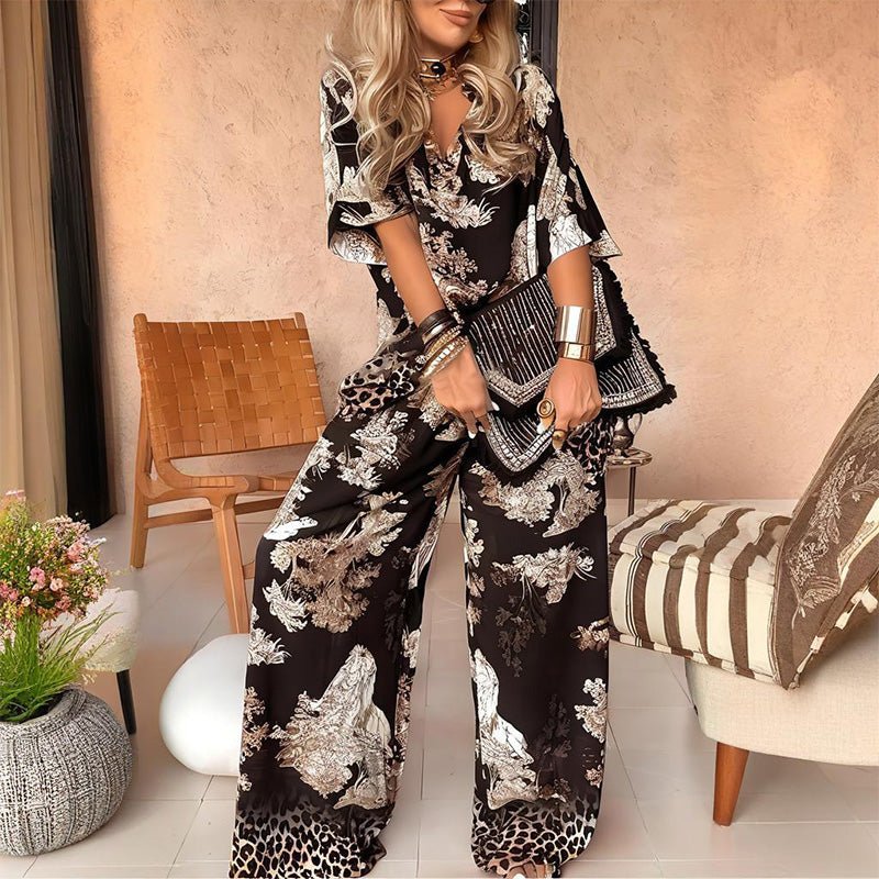 Printed Top with V - Neck + Long Pants - Barbara & Late Benjamin