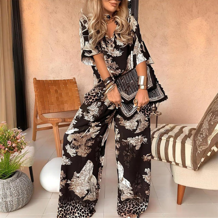 Printed Top with V - Neck + Long Pants - Barbara & Late Benjamin
