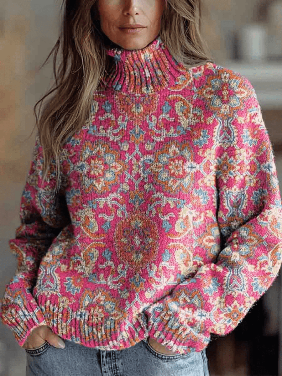 Retro Ethnic Floral Knit Turtleneck - Barbara benjamin new york