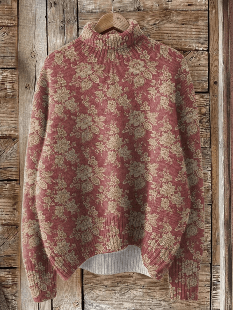 Retro Rose Print Knit Turtleneck Sweater - Barbara benjamin new york