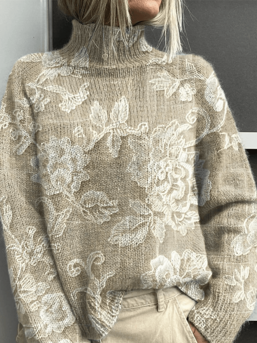 Timeless Vintage Floral Knit Turtleneck Sweater - Barbara benjamin new york