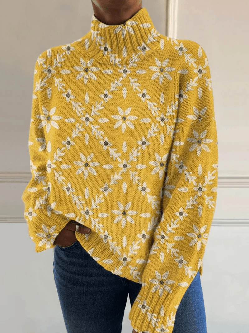 Vintage Color Block Floral Art Print Knit Turtleneck Pullover Sweater - Barbara benjamin new york