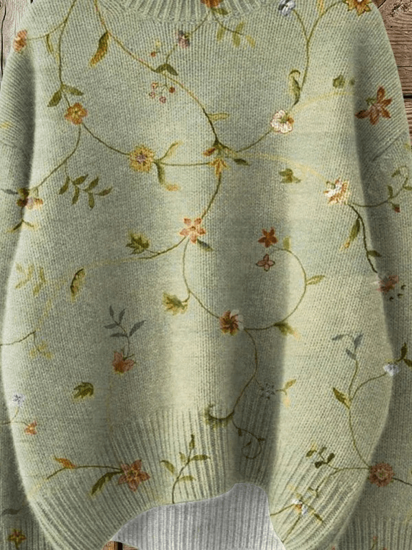 Vintage Lovely Floral Art Print Knit Turtleneck Pullover Sweater - Barbara benjamin new york