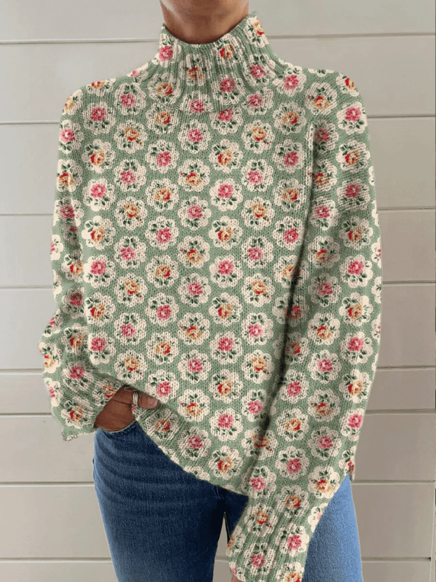 Women's Lovely Floral Art Print Knit Turtleneck Pullover Sweater - Barbara benjamin new york